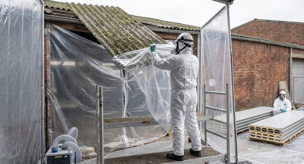 Een a.a.r.s. medewerker die een asbestdak verwijdert