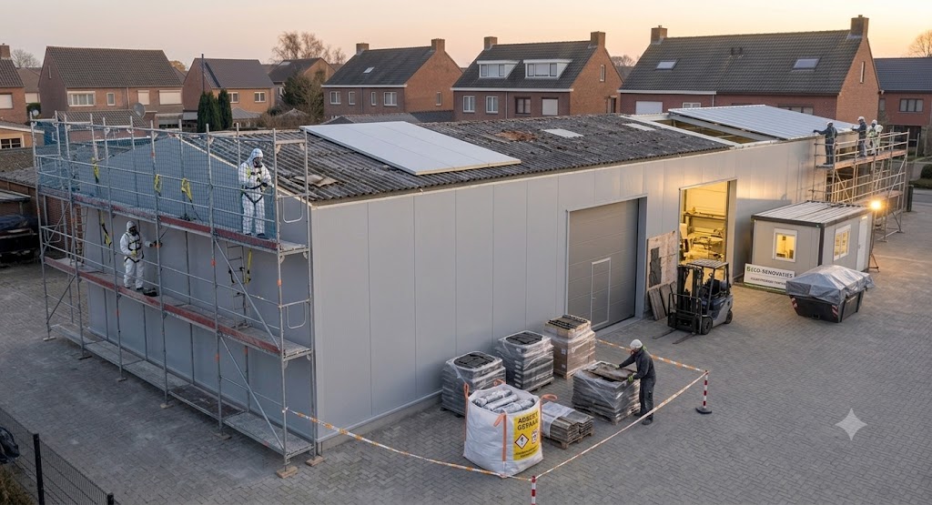 Een a.a.r.s. medewerker die een asbestdak verwijdert