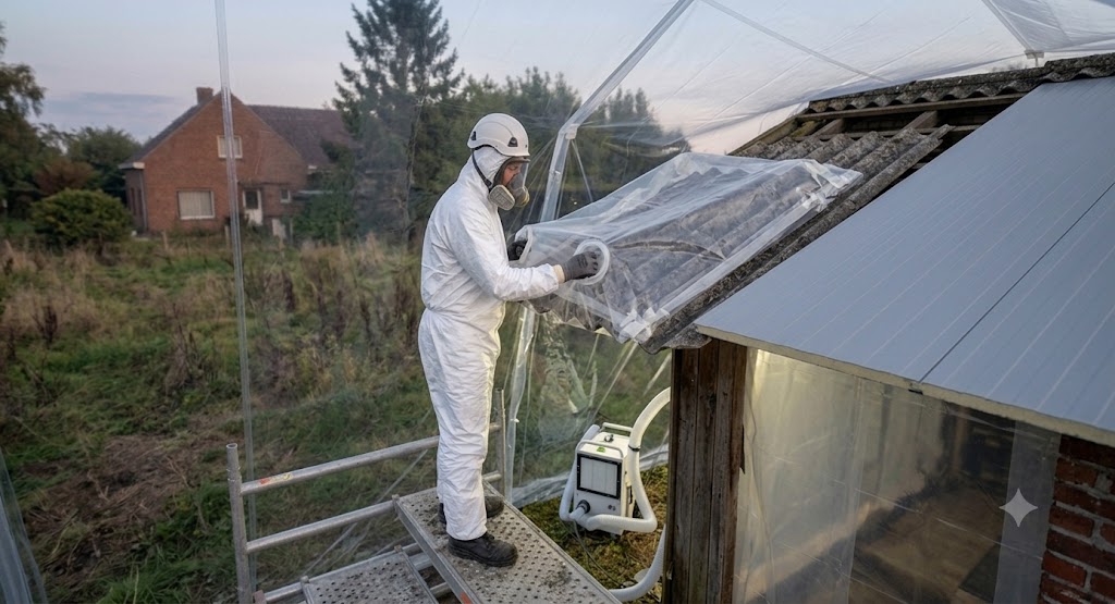 Een a.a.r.s. medewerker die een asbestdak verwijdert